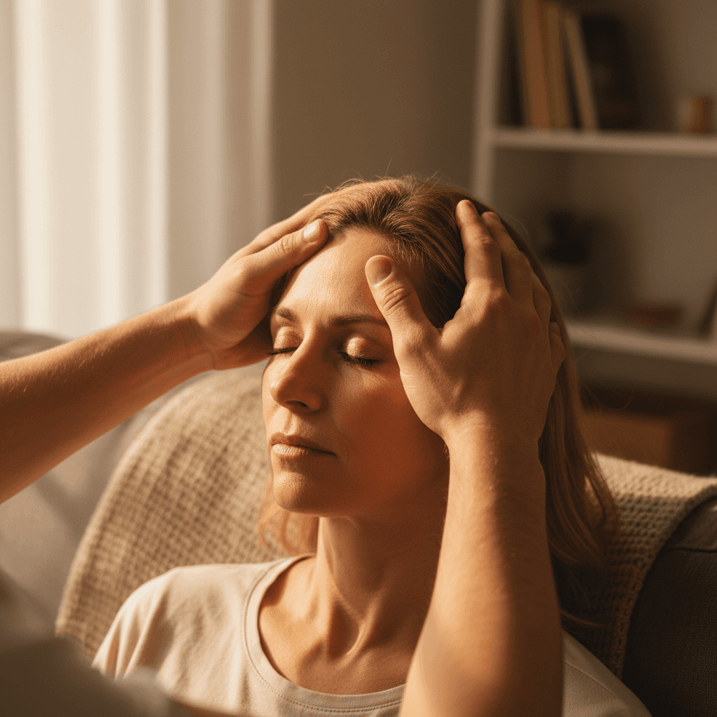 Physical therapist guiding a patient during vestibular assessment in a home setting