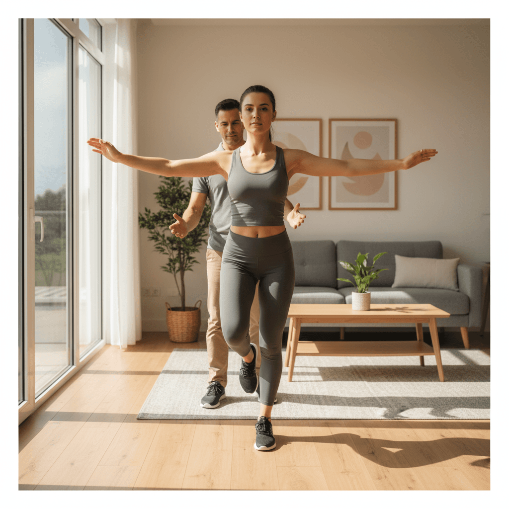 Patient doing balance exercises at home with therapist observing